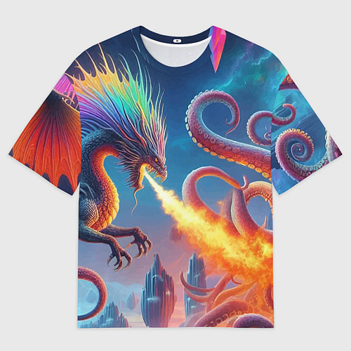 Мужская футболка оверсайз Огнедышащий дракон против осьминога - нейроарт фан / 3D-принт – фото 1