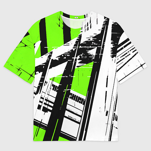 Мужская футболка оверсайз Чёрно-белые абстрактные линии на зелёном фоне / 3D-принт – фото 1