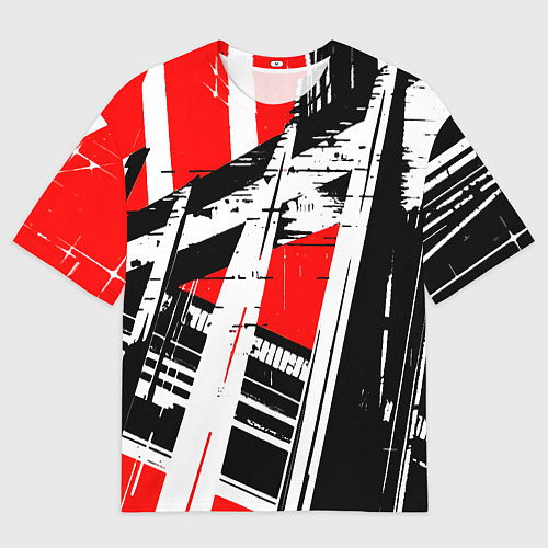Мужская футболка оверсайз Чёрно-белые абстрактные линии на красном фоне / 3D-принт – фото 1