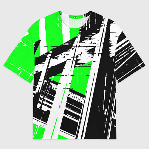 Мужская футболка оверсайз Чёрно-белые абстрактные линии на зелёном фоне / 3D-принт – фото 1
