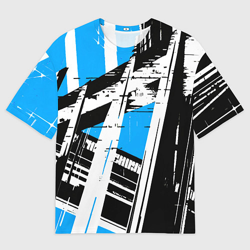 Мужская футболка оверсайз Чёрно-белые абстрактные линии на синем фоне / 3D-принт – фото 1