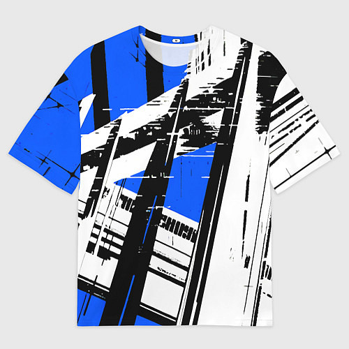 Мужская футболка оверсайз Чёрно-белые абстрактные линии на синем фоне / 3D-принт – фото 1