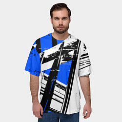 Футболка оверсайз мужская Чёрно-белые абстрактные линии на синем фоне, цвет: 3D-принт — фото 2