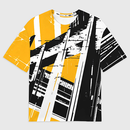 Мужская футболка оверсайз Чёрно-белые абстрактные линии на жёлтом фоне / 3D-принт – фото 1