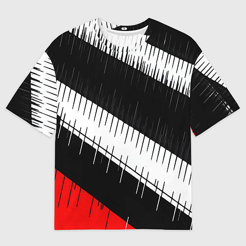 Мужская футболка оверсайз Диагональные чёрно-белые полосы на красном фоне / 3D-принт – фото 1