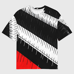 Футболка оверсайз мужская Диагональные чёрно-белые полосы на красном фоне, цвет: 3D-принт