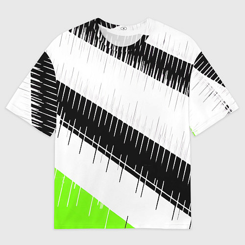 Мужская футболка оверсайз Диагональные чёрно-белые полосы на зелёном фоне / 3D-принт – фото 1