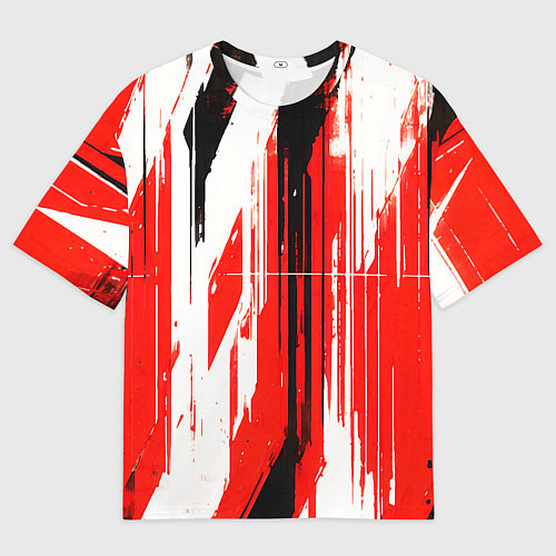 Мужская футболка оверсайз Вертикальные чёрно-белые линии на красном фоне / 3D-принт – фото 1