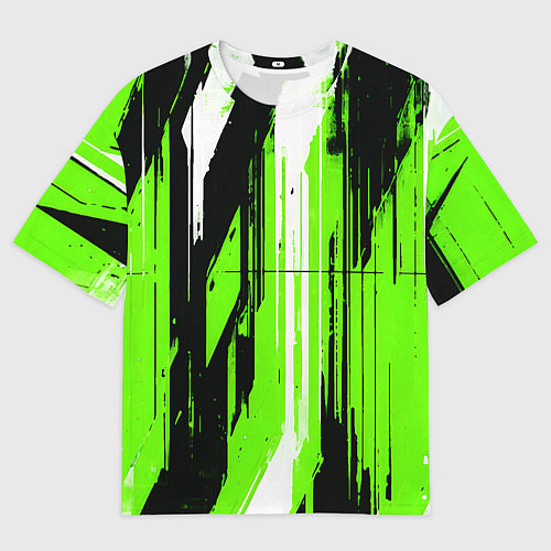 Мужская футболка оверсайз Вертикальные чёрно-белые линии на зелёном фоне / 3D-принт – фото 1
