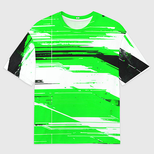 Мужская футболка оверсайз Горизонтальные чёрно-белые линии на зелёном фоне / 3D-принт – фото 1