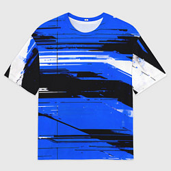 Футболка оверсайз мужская Горизонтальные чёрно-белые линии на синем фоне, цвет: 3D-принт