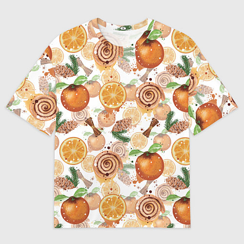 Мужская футболка оверсайз Апельсины, корица, булочки с корицей на светлом фо / 3D-принт – фото 1