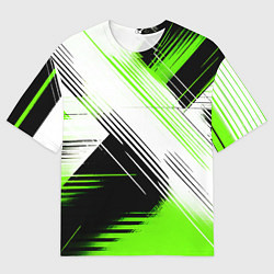 Футболка оверсайз мужская Диагональные бело-зелёные линии на чёрном фоне, цвет: 3D-принт