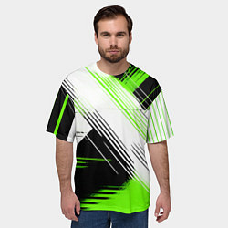 Футболка оверсайз мужская Диагональные бело-зелёные линии на чёрном фоне, цвет: 3D-принт — фото 2