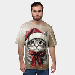 Футболка оверсайз мужская Котик в новогоднем колпаке, цвет: 3D-принт — фото 2