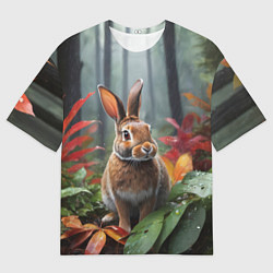 Мужская футболка оверсайз Кролик в дождливом лесу