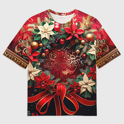 Мужская футболка оверсайз Новогодний венок с пуансеттией - нейросеть / 3D-принт – фото 1