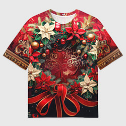 Мужская футболка оверсайз Новогодний венок с пуансеттией - нейросеть