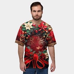 Футболка оверсайз мужская Новогодний венок с пуансеттией - нейросеть, цвет: 3D-принт — фото 2