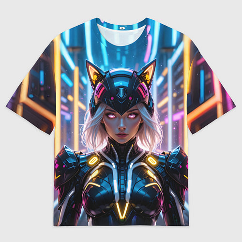 Мужская футболка оверсайз Девушка кошка неон / 3D-принт – фото 1