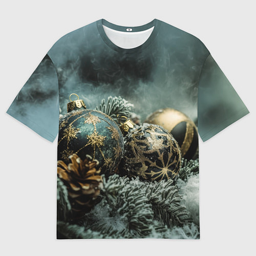 Мужская футболка оверсайз Золотые и зеленые елочные шары / 3D-принт – фото 1