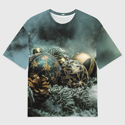 Футболка оверсайз мужская Золотые и зеленые елочные шары, цвет: 3D-принт