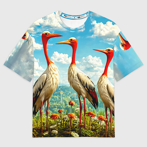 Мужская футболка оверсайз Аисты в горах / 3D-принт – фото 1