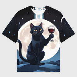 Футболка оверсайз мужская Черный кот с вином, цвет: 3D-принт