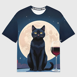 Мужская футболка оверсайз Кот с вином под луной
