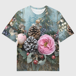 Футболка оверсайз мужская Новогодние цветы и шишки, цвет: 3D-принт