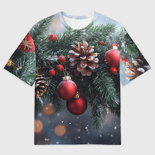 Мужская футболка оверсайз Красные игрушки на елке и шишки / 3D-принт – фото 1