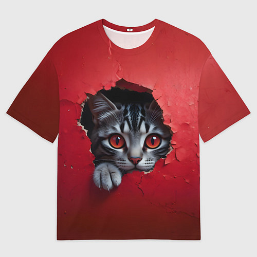 Мужская футболка оверсайз Выглядывающий котик / 3D-принт – фото 1