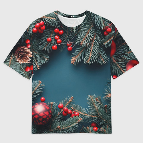 Мужская футболка оверсайз Новогодний фон и рябина / 3D-принт – фото 1