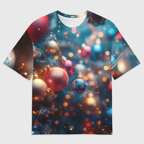 Мужская футболка оверсайз Красные и синие шары на фоне елки / 3D-принт – фото 1