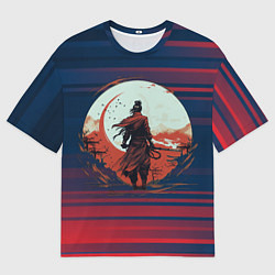 Мужская футболка оверсайз Самурай на фоне заката