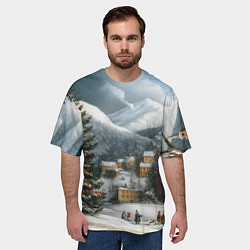 Футболка оверсайз мужская Новогодняя огромная елка и маленькие домики, цвет: 3D-принт — фото 2