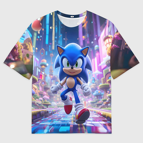Мужская футболка оверсайз Sonic в неоновом городе / 3D-принт – фото 1