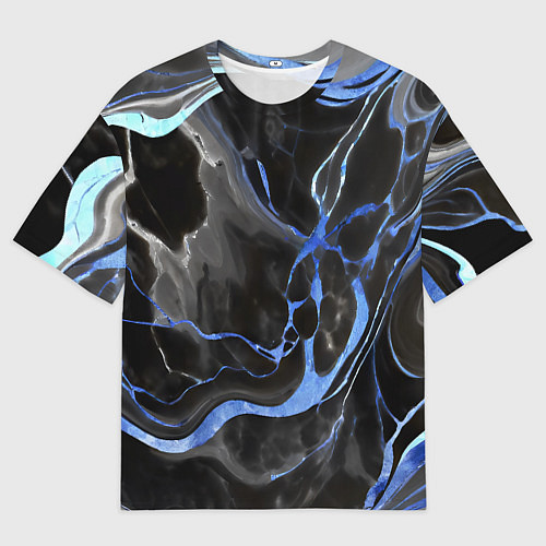 Мужская футболка оверсайз Синие флюиды на чёрном фоне / 3D-принт – фото 1