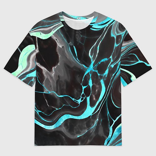 Мужская футболка оверсайз Голубые флюиды на чёрном фоне / 3D-принт – фото 1