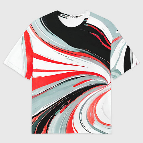 Мужская футболка оверсайз Волнистые бело-красные линии на чёрном фоне / 3D-принт – фото 1