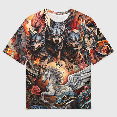 Мужская футболка оверсайз Мифические существа в стиле татуировки Ирезуми / 3D-принт – фото 1