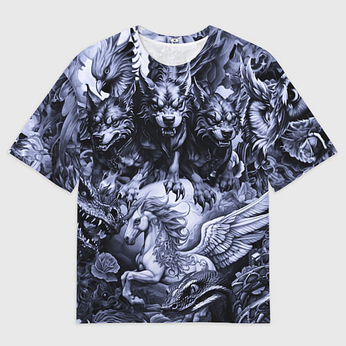 Мужская футболка оверсайз Мифические существа с стиле тату / 3D-принт – фото 1