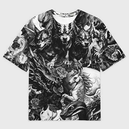 Мужская футболка оверсайз Дракон и другие мифические существа в стиле тату / 3D-принт – фото 1
