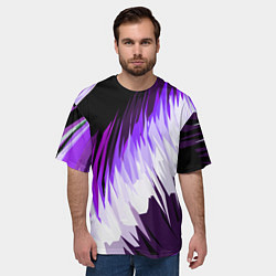 Футболка оверсайз мужская Бело-фиолетовые острые полосы на чёрном фоне, цвет: 3D-принт — фото 2