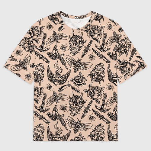 Мужская футболка оверсайз Татуировка с цикадой и демоном Они - паттерн / 3D-принт – фото 1