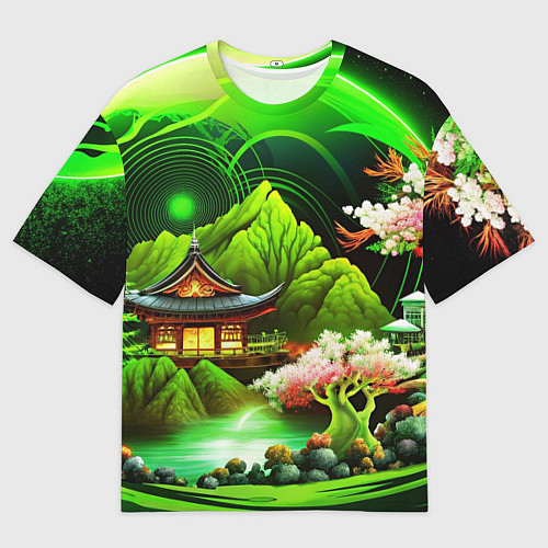 Мужская футболка оверсайз Природа Японии в зеленых цветах / 3D-принт – фото 1