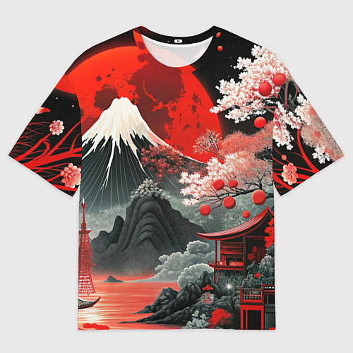 Мужская футболка оверсайз Горы и сакура Японии / 3D-принт – фото 1