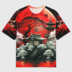 Мужская футболка оверсайз Пейзаж Японии в красном цвете