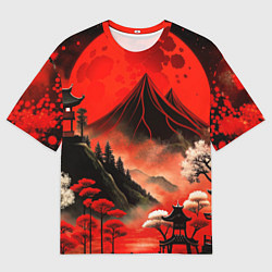 Мужская футболка оверсайз Япония природа в красном цвете