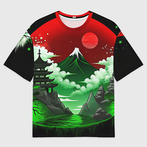 Мужская футболка оверсайз Япония красно-зеленая природа / 3D-принт – фото 1